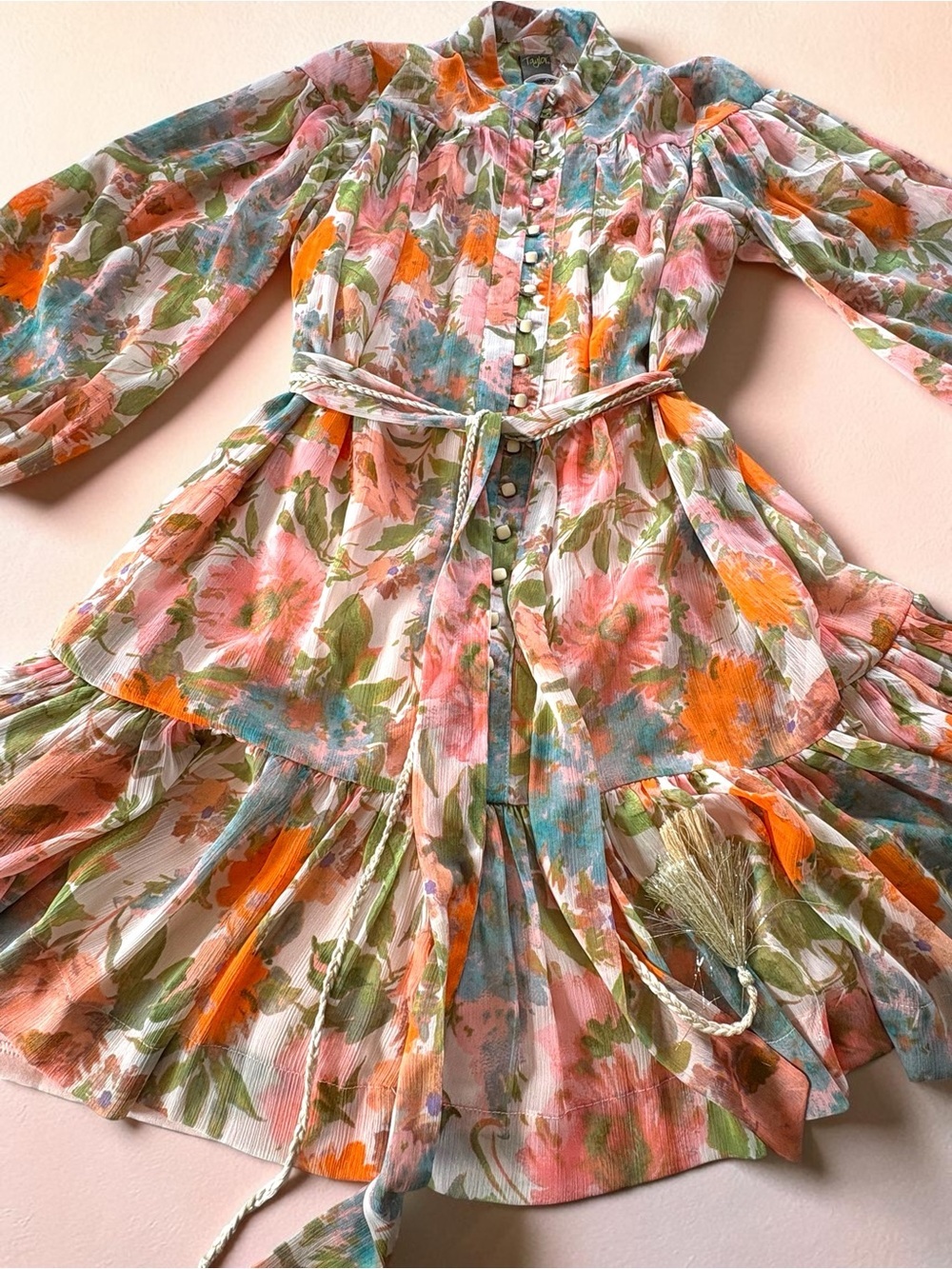 NWT Taylor Floral Tiered Chiffon Mini Dress Long Slv Sz 14 - Pink & Orange - Picture 3 of 16